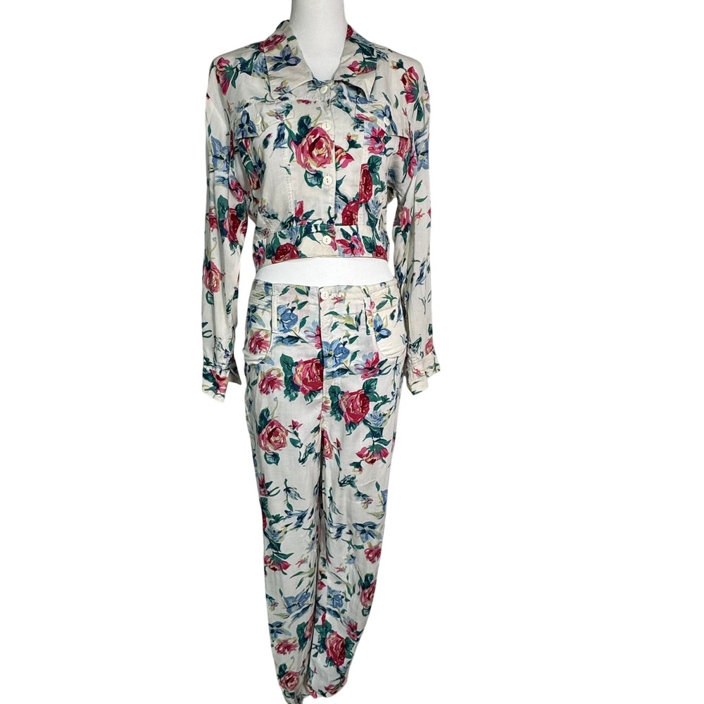 PARIS BLUES Small Vintage Floral 2 Piece Set High Waisted Pants Button Up Top